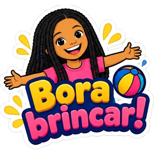 Figurinha de exemplo: a menina com uma bola dizendo Bora brincar!