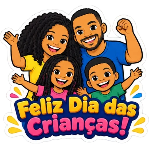 Figurinha de exemplo: a família dizendo Feliz Dia das Crianças!