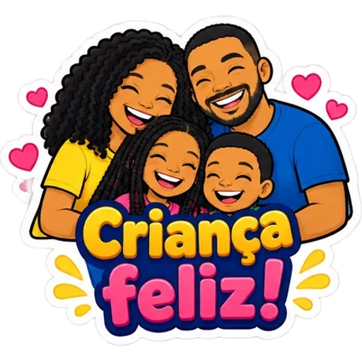Figurinha de exemplo: a família abraçada dizendo Criança feliz!